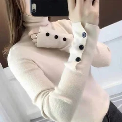 Nuovo autunno inverno dolcevita donna maglione solido manica lunga bottone pullover lavorati a maglia donna moda Slim Fit maglieria elastica