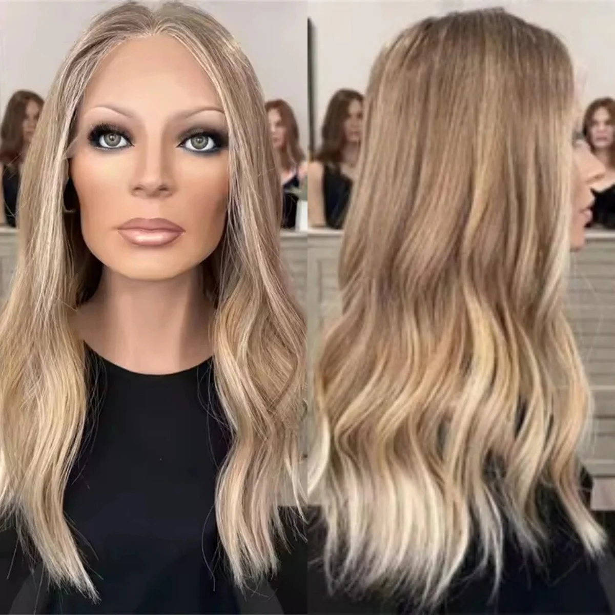 أشقر فاتح طويل مع تسليط الضوء على شعر مستعار صناعي بدانتيل أمامي للنساء، شعر مستعار جميل طبيعي مموج متوسط الحجم عالي الدقة بدون صمغ