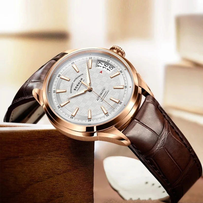 BORMANNew Men Automatic Watch Luxury 42.5mm Mechanical Wristwatch 50M Waterproof Sapphire Mirror Grid Dial Luminous Date Windows
