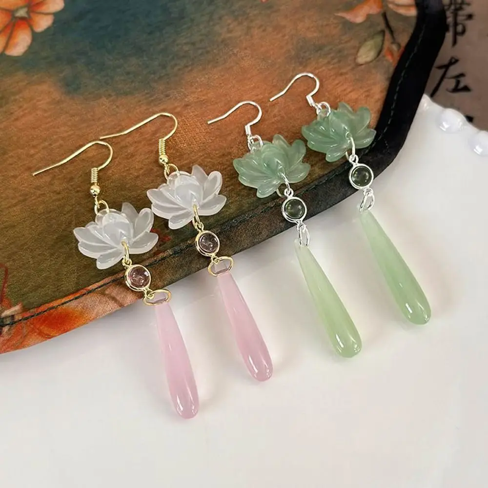1 pair Handmade Chinese Ear Hooks Hanfu Cheongsam Jewelry Simple Lotus Pendant Earrings Jewellery Women Girl Gift