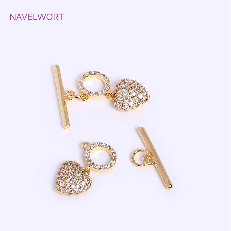 Trendy 18K Gold Plated Mini Heart Toggle Clasp For Jewelry Making,Brass Inlaid Zircon OT Clasp DIY Handmade Crafts Wholesale