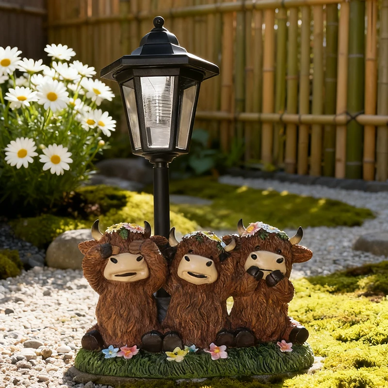 Solar Highland Cow Yard Light Resin Hexagonal Lamp Decorative Ornament Garden Courtyard Lawn Decorative Atmosphere Light