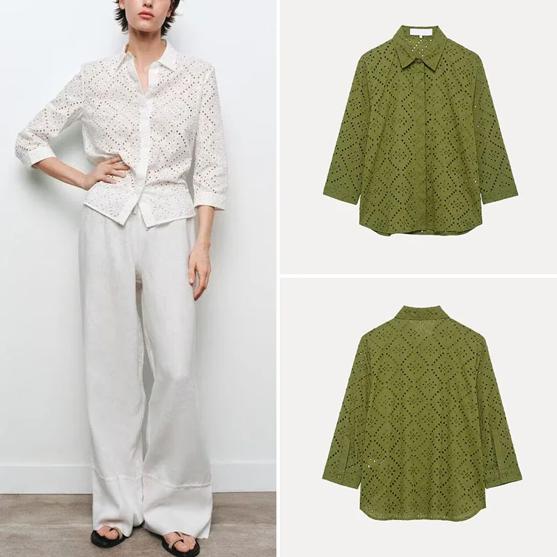 

Spring 2025 Women's Casual Embroidered Decorative Hollow out Collar Shirt Polyester Fiber 100% Flip Collar Design ZADATA Brand