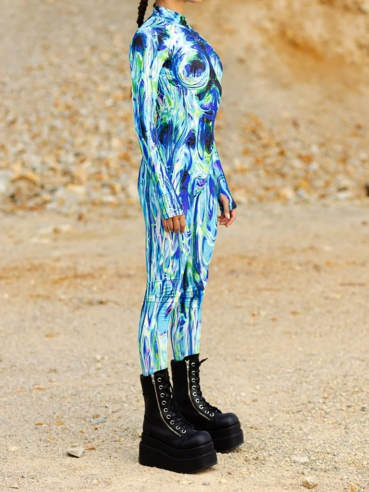 

OP Adult Starry Sky Print Punk Burning Man Festival Blue White Multicolor Jumpsuit Aerial Yoga Tights Double Cycling Suit 2026