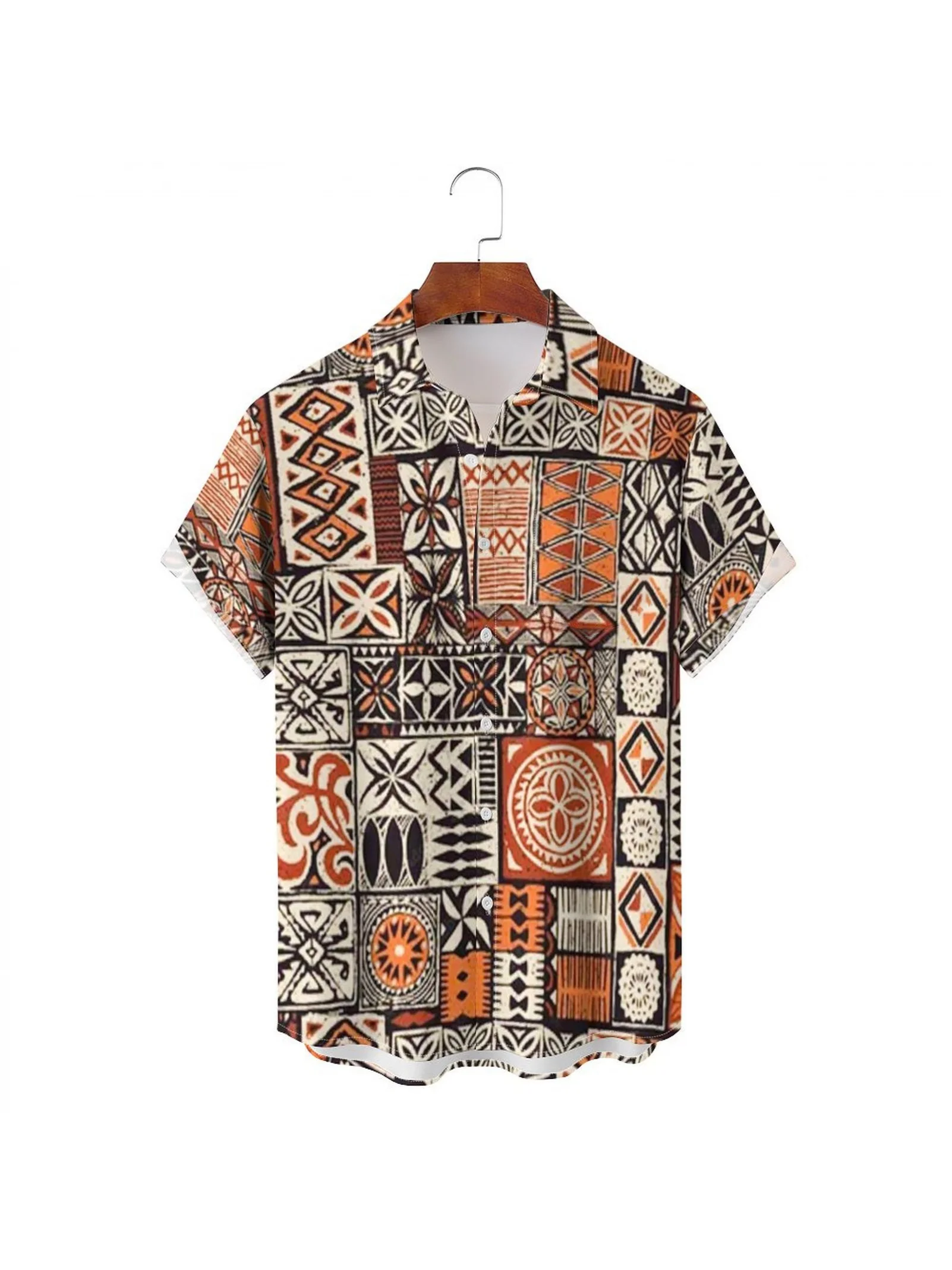 Men Tribal Geometric Patchwork Print Short Sleeve Shirt Lapel Collar Hawaiian Beach Vacation Tops