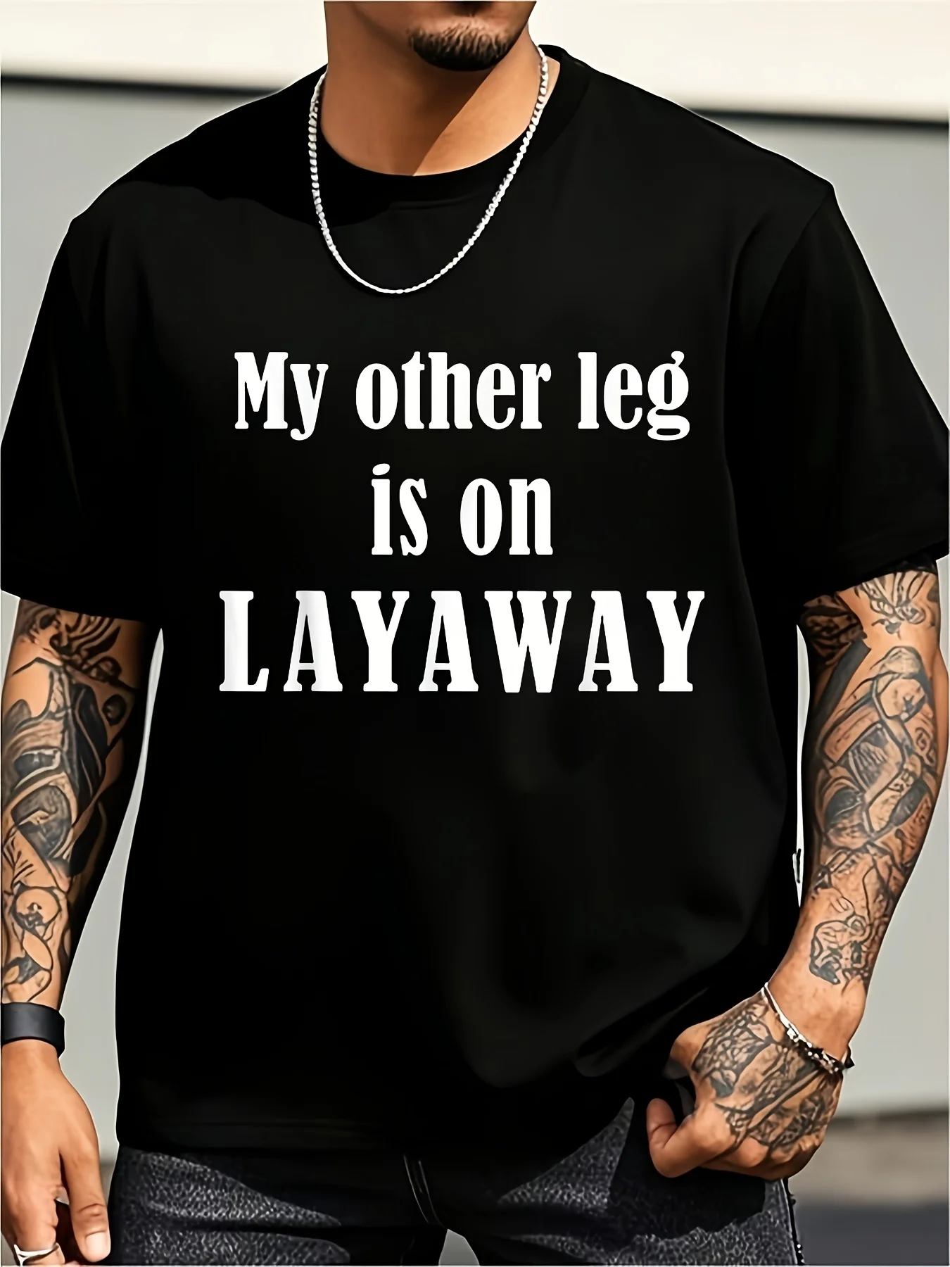 My Other Leg Is Being Paid for in Installments. Funny Amputee Joke T-Shirt. Large Size Retro Casual Round Neck Printed T-Shirt. Unisex, Plus Size