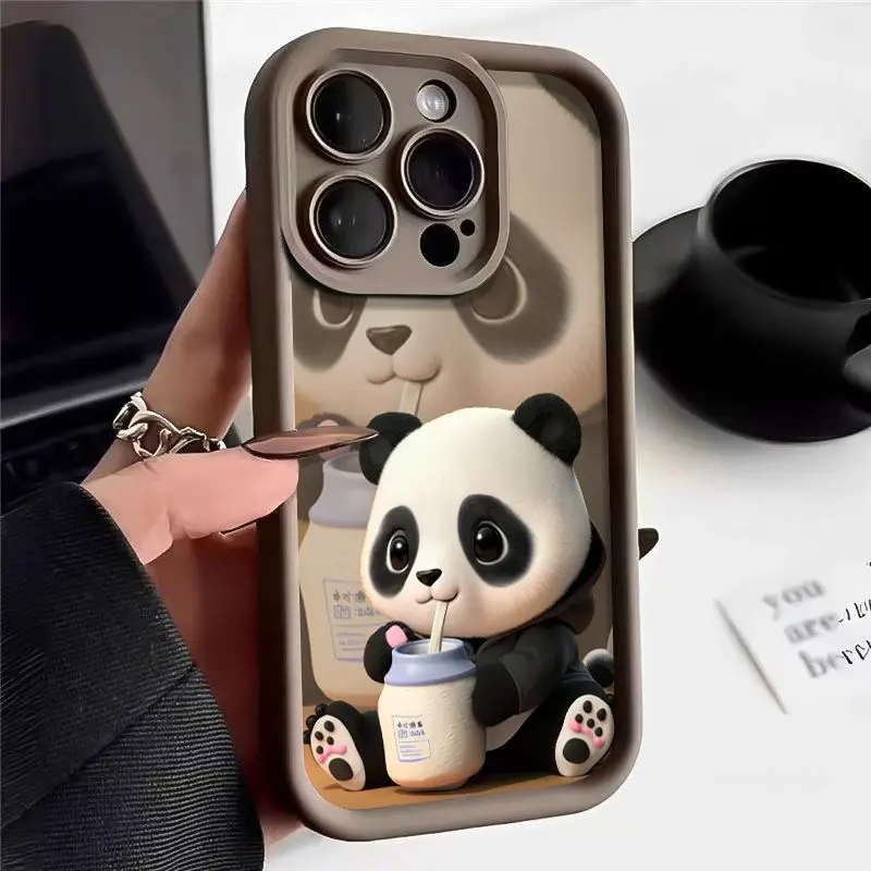 Kawaii Dumb Cute Panda Phone Case For iPhone 15 16 Pro 11 12 13 14 Pro Max XR XS 7 8 Plus Soft Liquid Silicone Bumper Cover Y2k