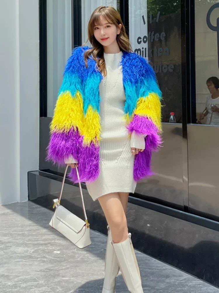 High Quality Autumn Winter Coat Women Luxury Women Rainbow Fluffy Faux Fur Coat Mid Long Oversize Ladies Coats and Jackets