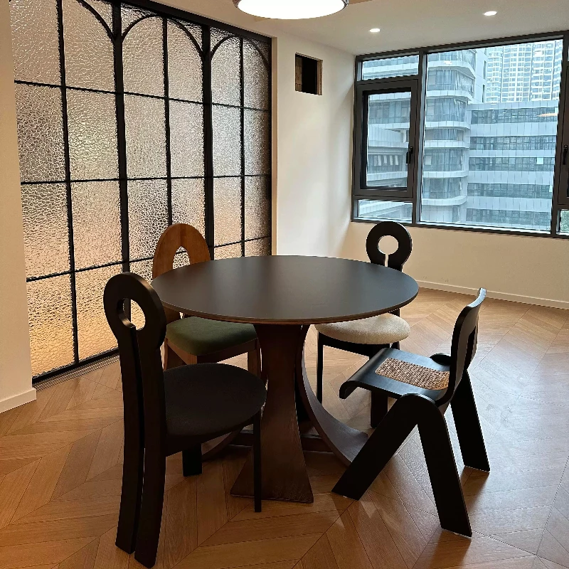 2026 New Black Round Dining Table French Round Table Medieval Style Solid Wood Rock Board Dining Table Chair Combo Set Furniture