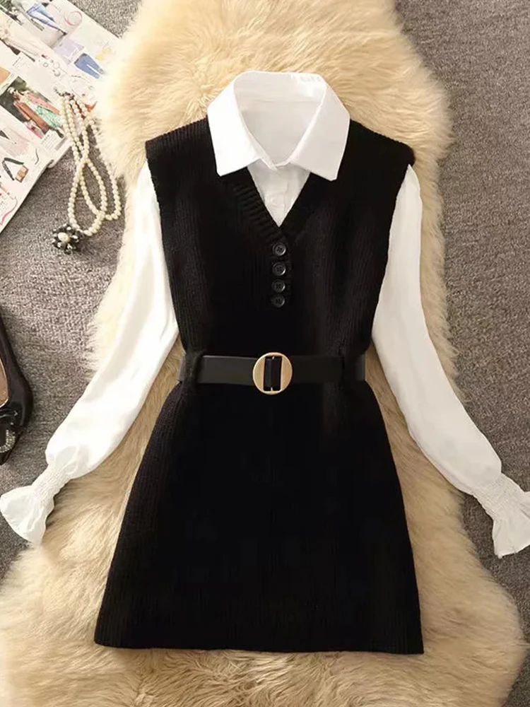 

Осенне-зимний белый вязаный жилет и комплект из двух предметов: модный женский многослойный топ из мягкого полиэстера с длинным рукавом и воротником