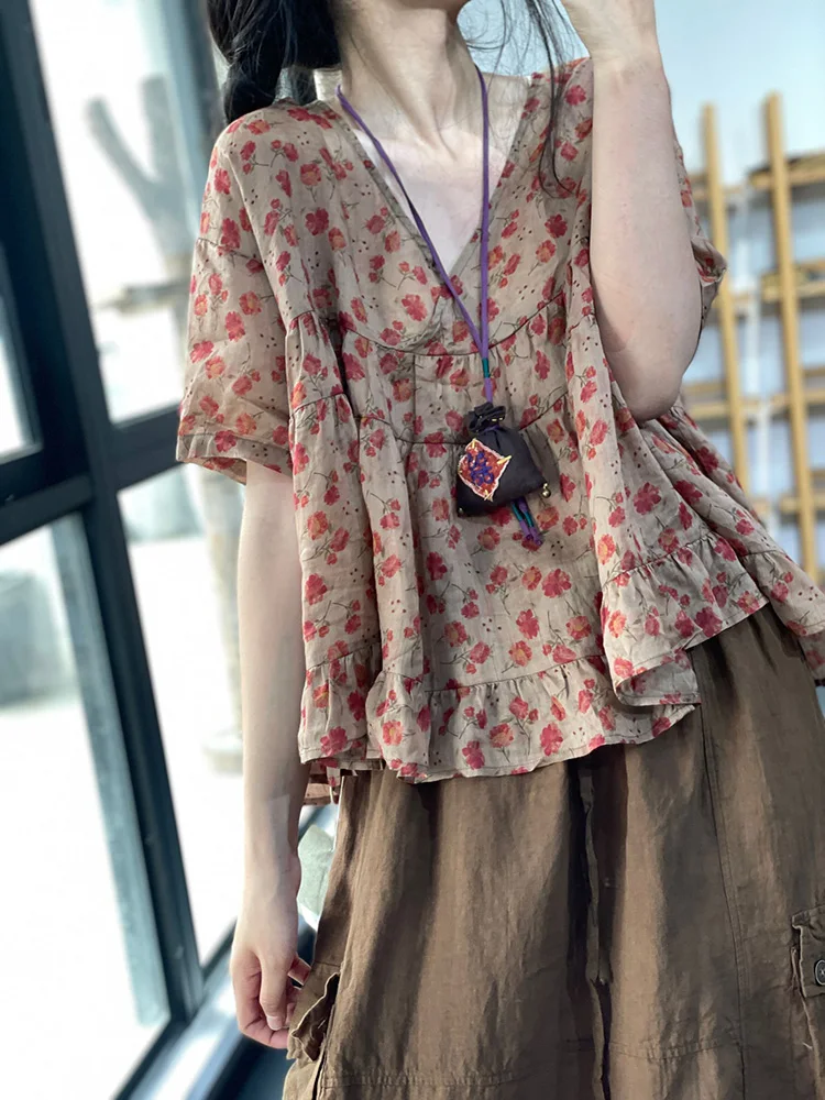 Csa de Aodão e Linho Estilo Coreano, Solta, com Manga Curta, Decote em V, Patchwork Floral, Top de Verão, Parte Superior...