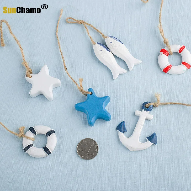 Mediterranean Style Decorative Fishnet Marine Wall Starfish Small Fish Anchor Lifebuoy Pendant Wooden Home Decoration