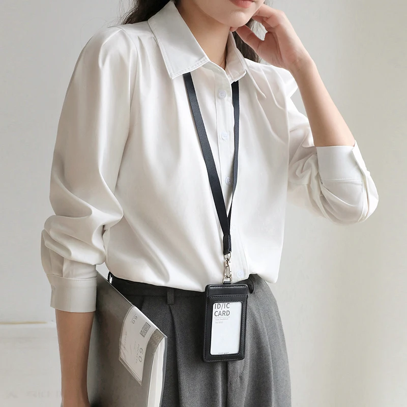 Elegante camicia da ufficio bianca per donna Camicetta a maniche lunghe senza tempo Top slim fit professionale su misura