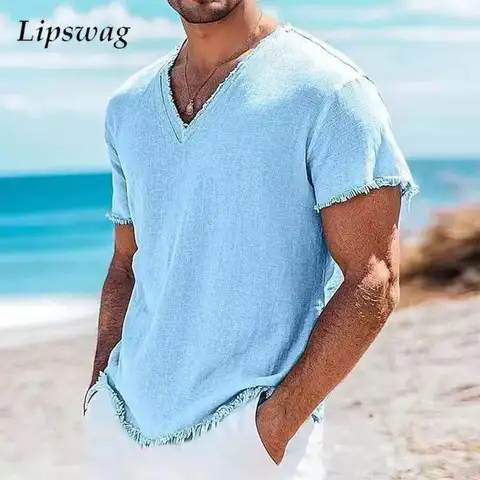 Camisetas informales de lino para hombre, camiseta transpirable de Color sólido a la moda de verano para hombre, Tops rasgados Vintage con cuello en V para exteriores