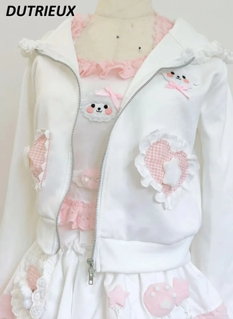 Manteau à Capuche Blanc pour Fille, Veste Courte et Jupe Trapèze, avec Nministériels d Doux, Polyvalent Japonais, Tenue Originale, Nouvelle Collection Automne