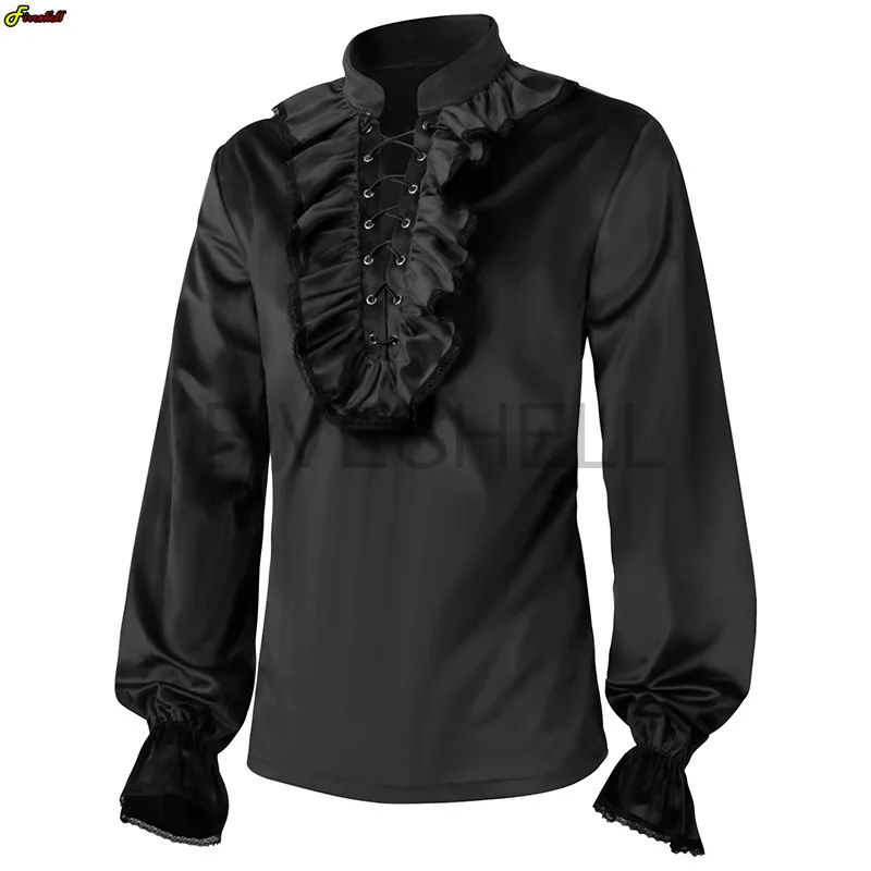 Medieval Men\'s Velvet Ruffle Vintage Shirts Victorian Blouse Long Sleeve Wine Red Lace Trim Steampunk Vampire Halloween Costume