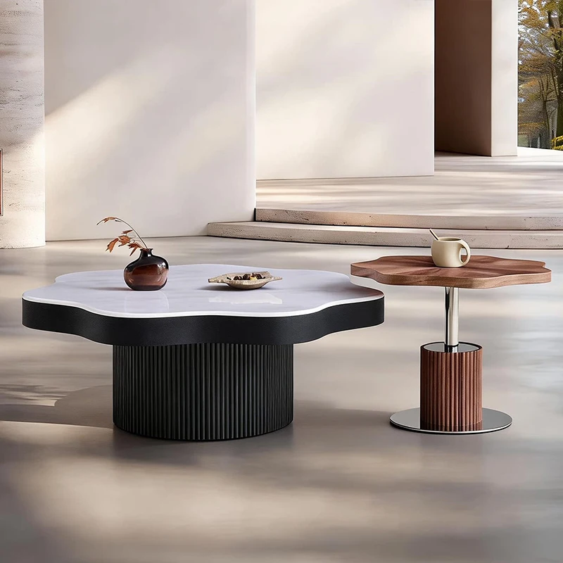 Artistic Living Room Coffee Table New Vintage-style Petal-shaped Coffee Table  Set Wooden High-end Coffee Table with Stone Top