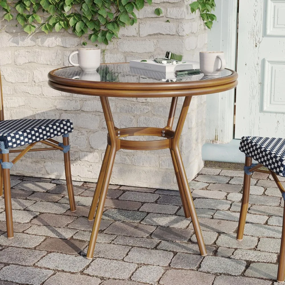 Lourdes Indoor/Outdoor Commercial French Bistro Table, PE, Glass Top, Bamboo Print Aluminum, 31.5" Round, Navy & White Rattan