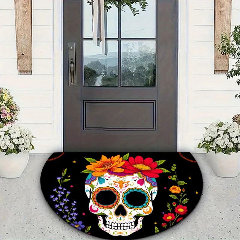 VIKAMA Mexican Sugar Skull Half Circle Doormat Vibrant Floral Print Non Slip Mat Front Door Indoor Outdoor Home Decor