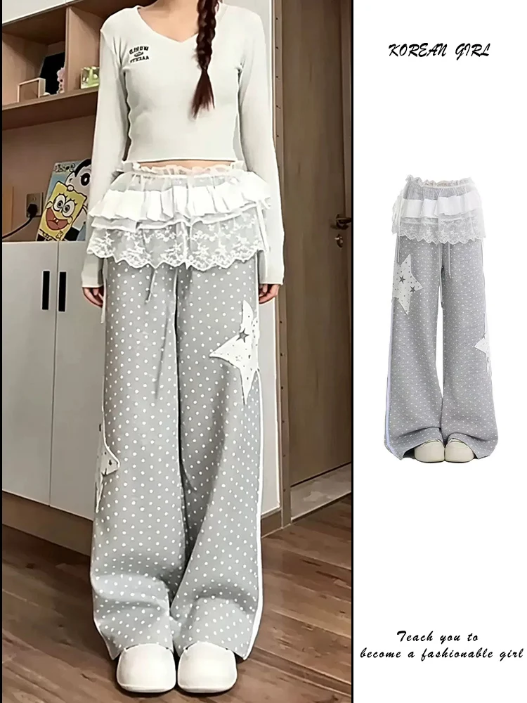 American High Street Polka Dot Star Patchwork Loose Straight Casual Pants Women Summer Lightweight Cultural Pants
