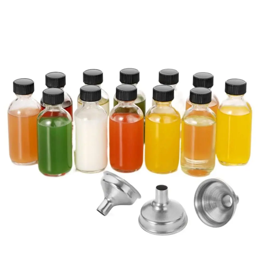 12Pcs Portable 60ml Sample Boston Bottle Clear Airtight Small Glass Bottles with Lids & 3 Funnels Round Sample Bottles Perfumes