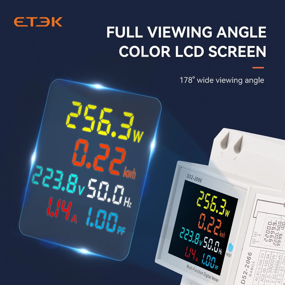 ETEK 6in1 Monitor AC su guida Din 110V 220V 380V 100A Tensione Corrente Fattore di potenza KWH attivo Misuratore di frequenza di energia elettrica EKD52