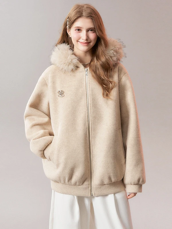 Women's  Fur Collar Woolen Coat Winter College Style Hoodie down Jacket Inner Polyester Fiber Zipper Pocket Warm Short Coat
