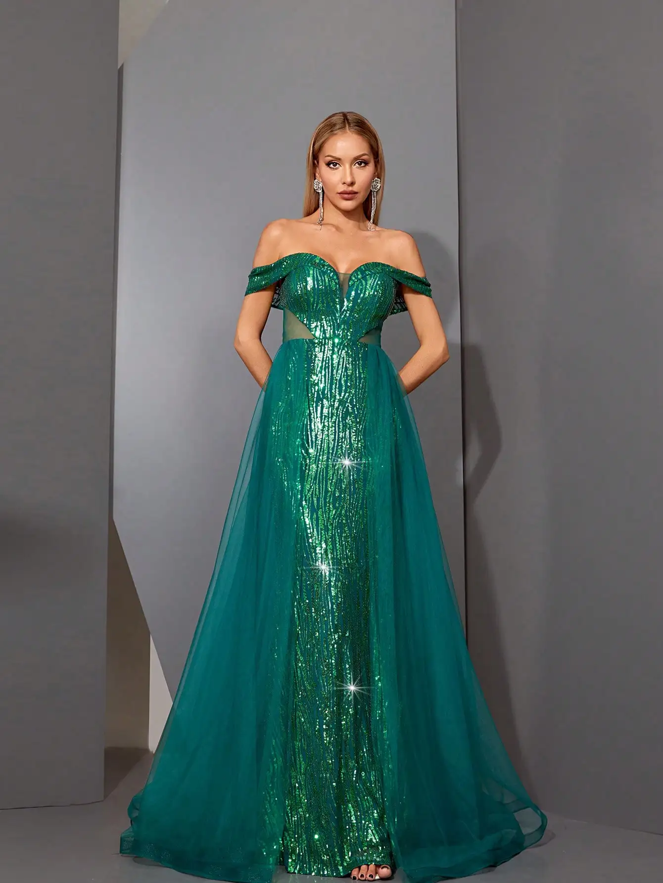 Mgiacy one-shoulder mid-waist mesh sheer sequin slimming fishtail back double-layer mesh large hem long dress