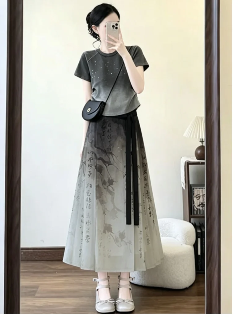 Large Size Summer High-End Sensation Set Women's Anti-Aging Gradient Shoulder T-Shirt Matching Chinese Style Ink Painting Clo...