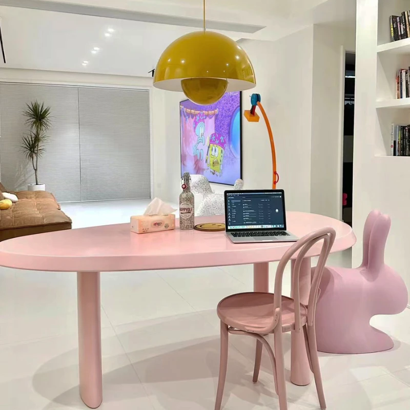 

Cream-style dining table and chairs for home small apartment pink irregular shaped workbench