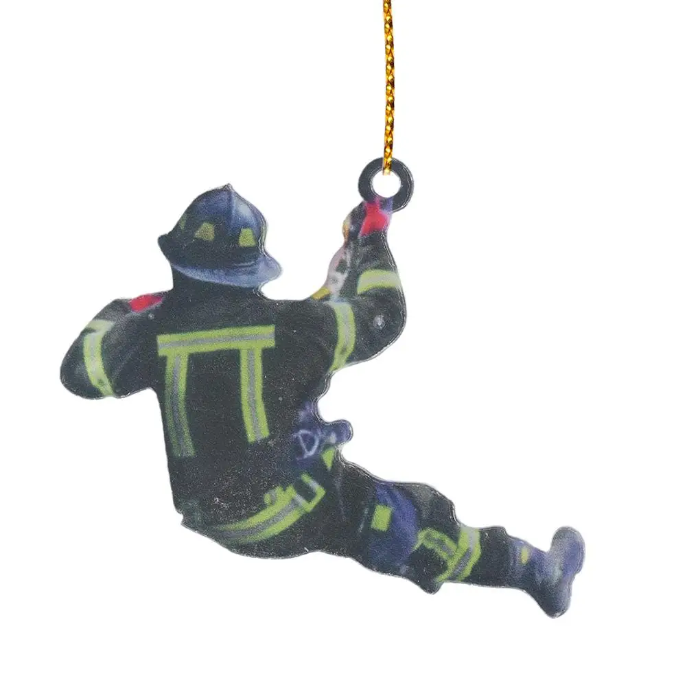 Firefighter Fireman Car Decoration Pendant Flat Wooden Keychain Acrylic Ornament for Christmas Tree Rearview Mirror Hanging