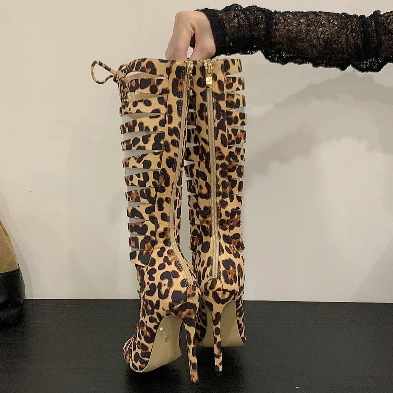 Aneikeh Fashion Rome Style Hollow Out Leopard Print Designer Peep Toe Women Boots Sandals Zipper Thin High Heels Female Shoes