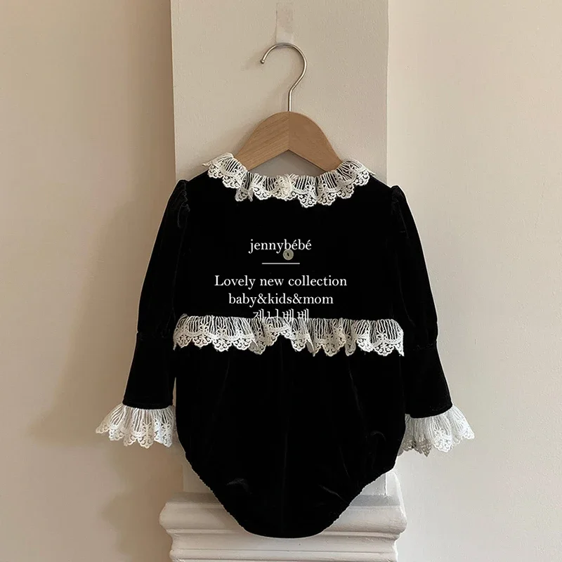 Newborn Baby Girls Lace Rompers Velvet Long Sleeve Infant One-Pieces Baby Bodysuit for Toddler Clothing Children Outfits 0-24m