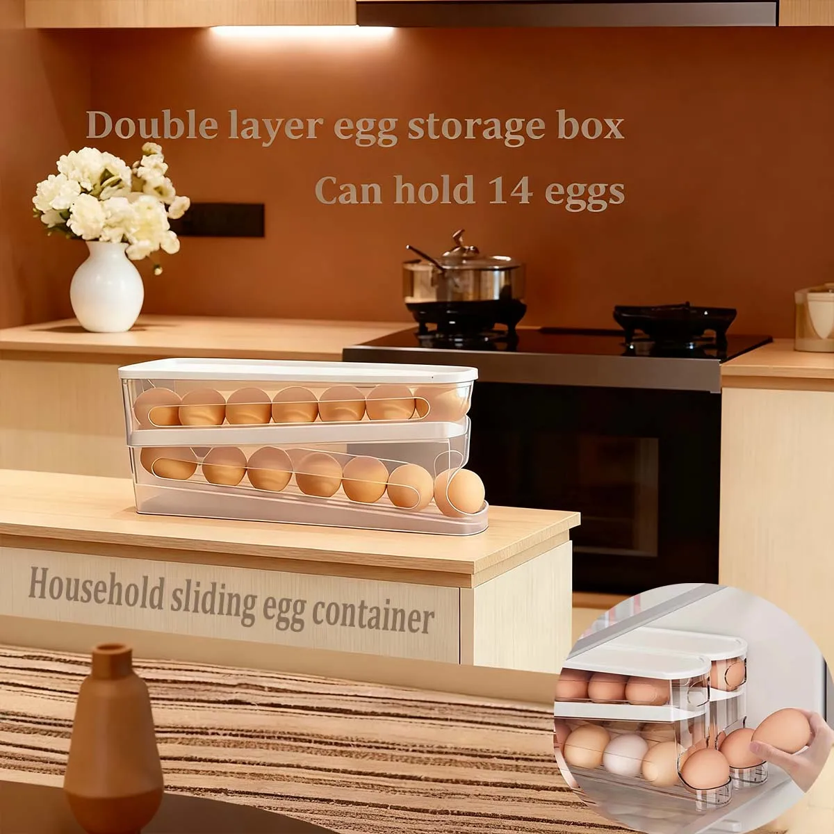 

Double layer refrigerator egg storage box can hold 14 eggs automatic sliding egg organizer stackable large capacity storage