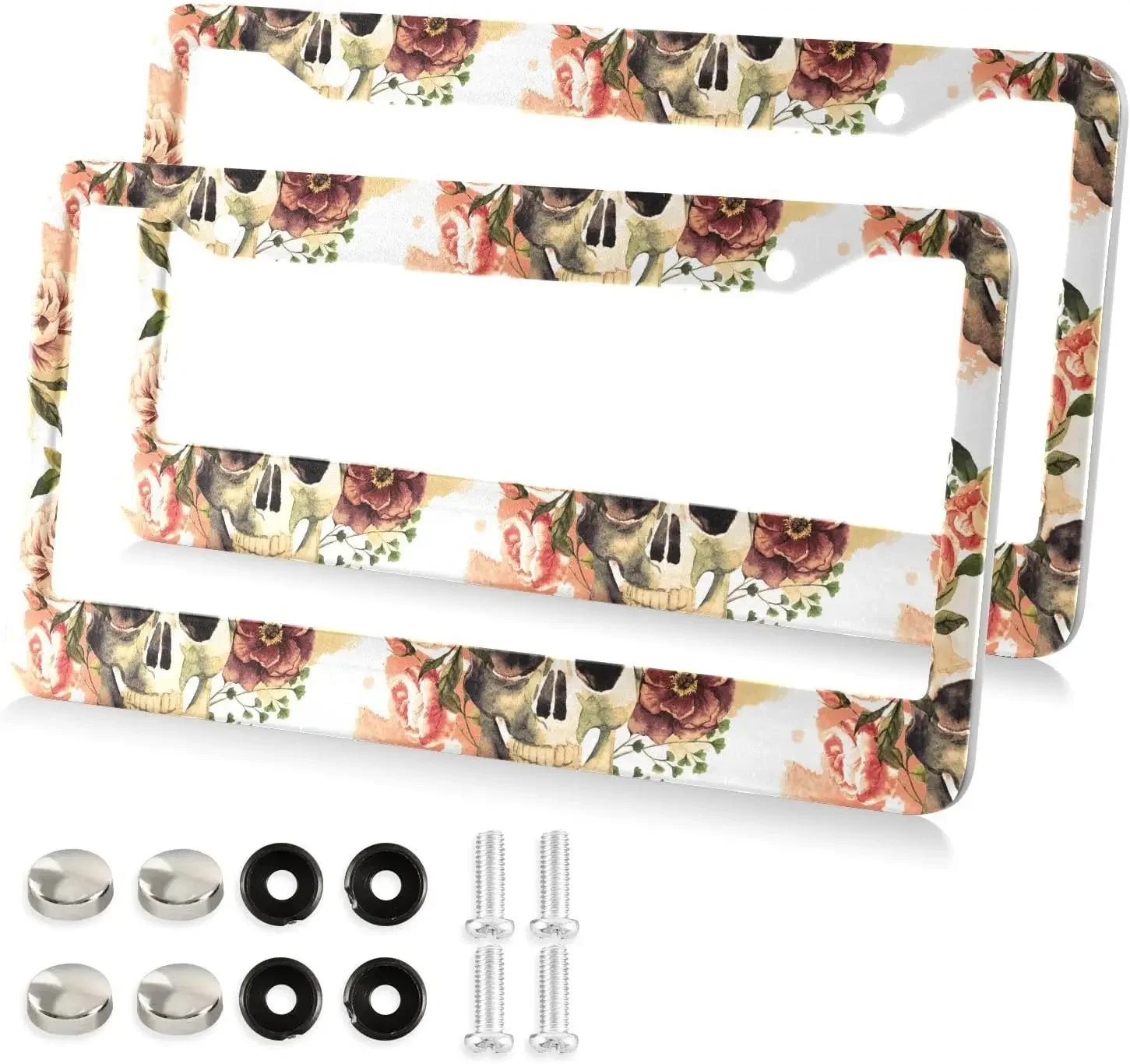 Vintage Skull Floral License Plate Frame 2 Pack License Plate Holder with 2 Holes Car Tag Frame for Women Men US Vehicles