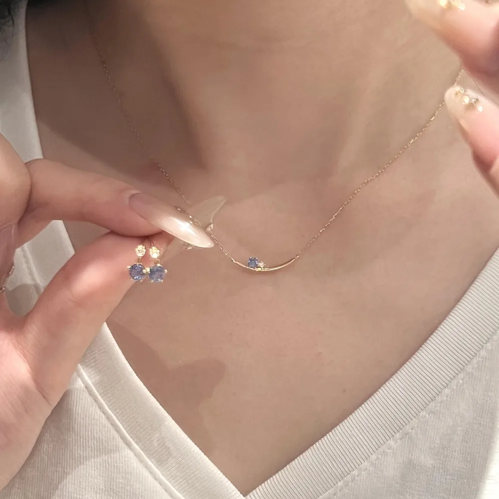 925 Sterling Silver Blue & Clear Zircon Smile Curved Bar Pendant Necklace for Women Minimalist Gold Tone Clavicle Chain Jewelry