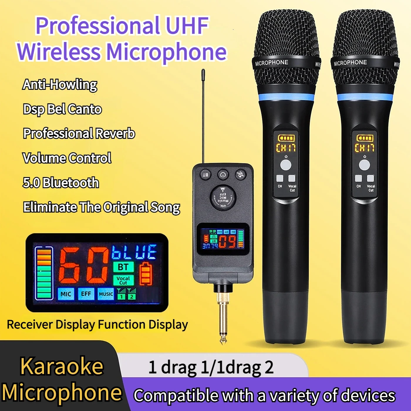 M50 무선 마이크, DSP 기술 적용, 화성 방지, 리버브 효과, 블루투스 연결, 가정용 엔터테인먼트 및 KTV용.