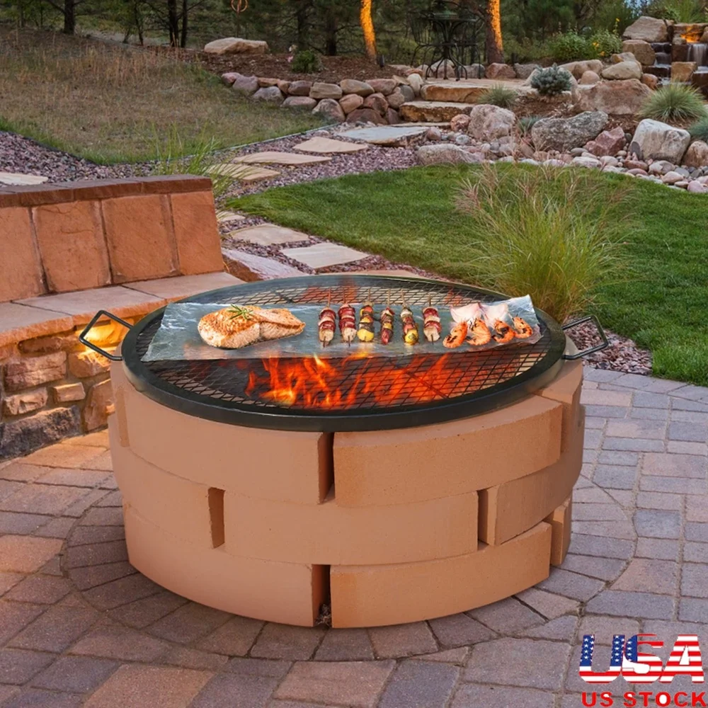 

30 Inch Heavy Duty Steel Fire Pit Grill Grate Outdoor Cooking Camping BBQ Picnic with Portable Handles and High Temperature