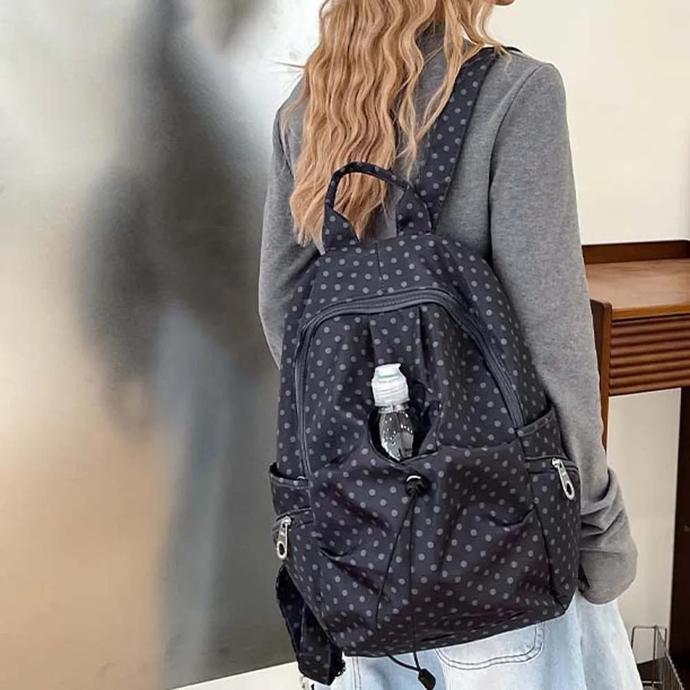 Anti-splash Water Polka Dot Nylon Backpack Spacious Drawstring Student School Bag Washable Durable Travel Daypack Teenage Girl