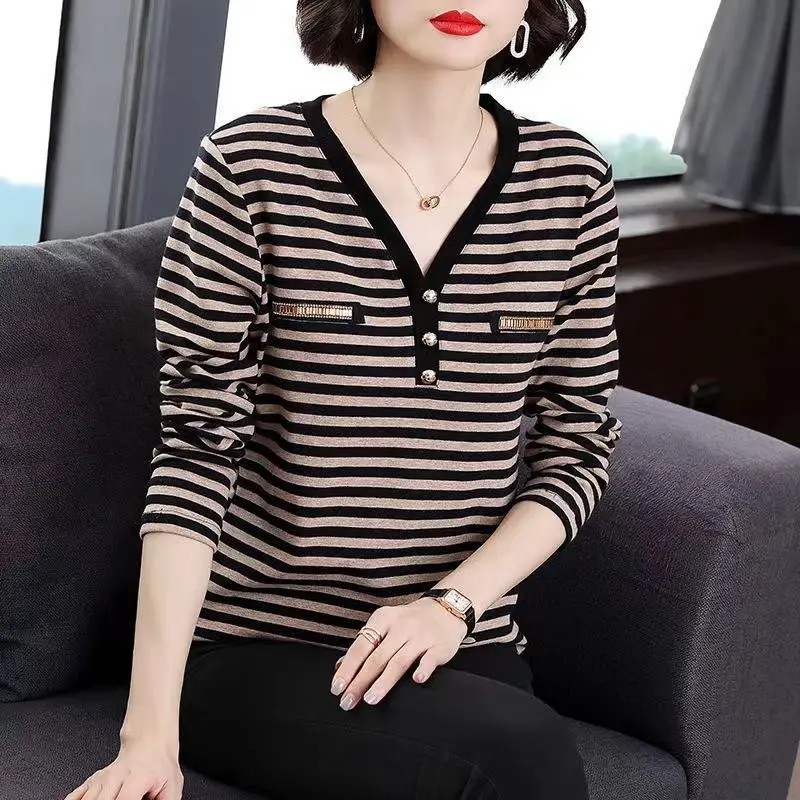 Women\'s Clothing Casual Commute V-Neck Striped Printed T-shirt Fashion Spring Vintage All-match Spliced Long Sleeve Tops Female