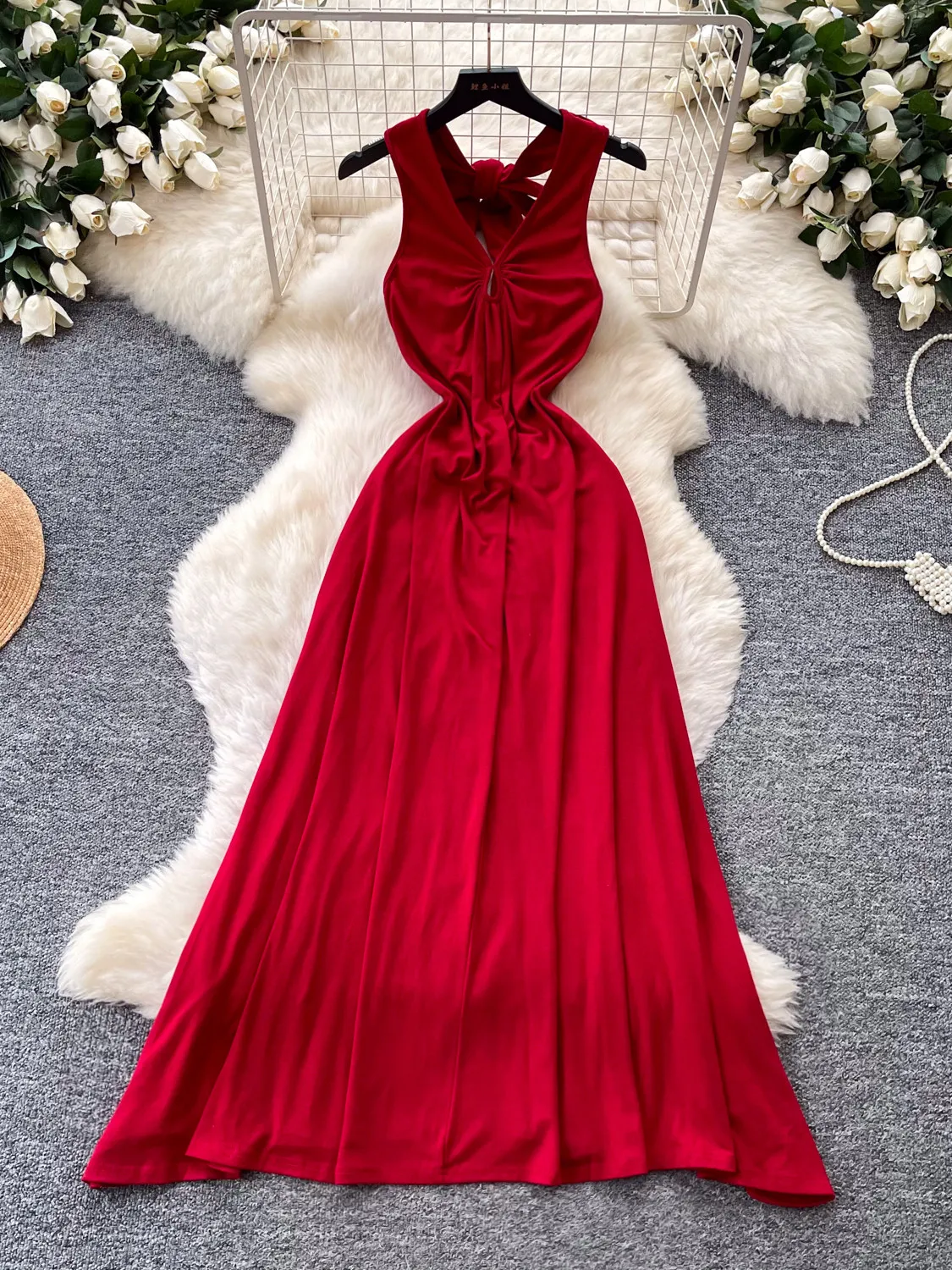 Sexy Halter Sleeveless Backless Dress Women Summer V-Neck Backless Waist Slimming Red Party Evening Gown Banquet Woman Dress