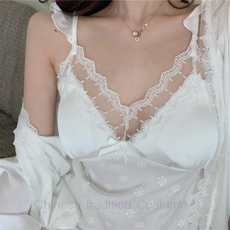 Mesh Lace Dot Nighty&robe Set Lady Sleepwear Elegant Bride Wedding Dress Kimono Bathrobe Suit Satin Nightwear Women Loungewear