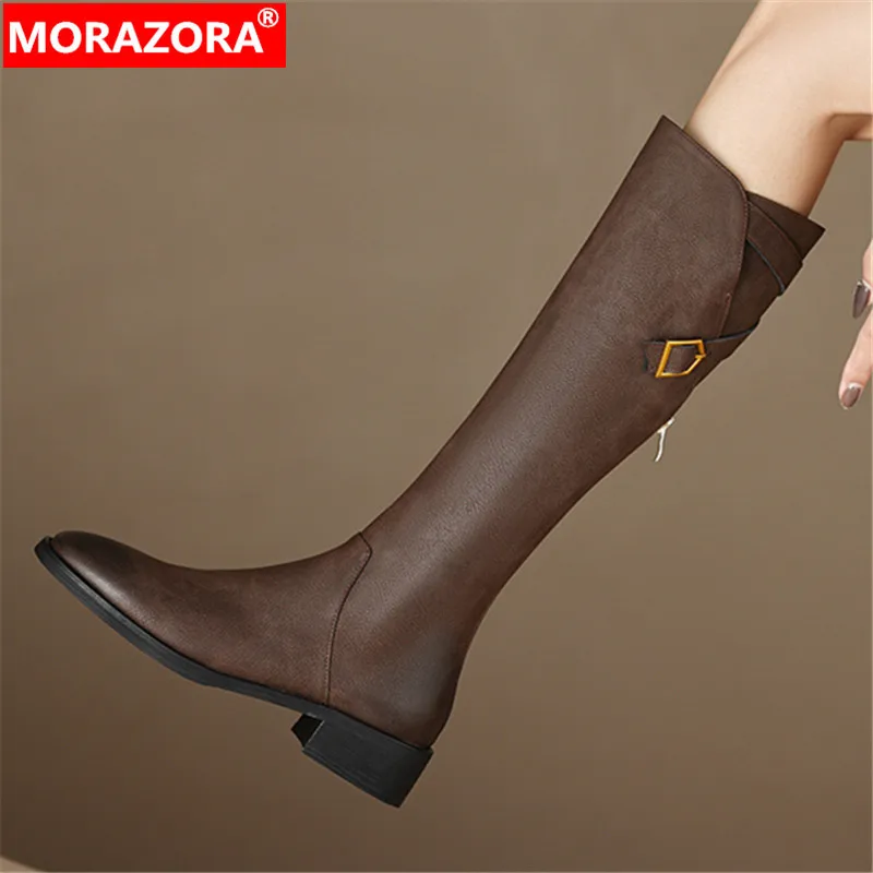 

MORAZORA 2024 New Genuine Leather Retro Winter Boots Woman Zipper Knee High Boots Ladies Square Med Heels Shoes