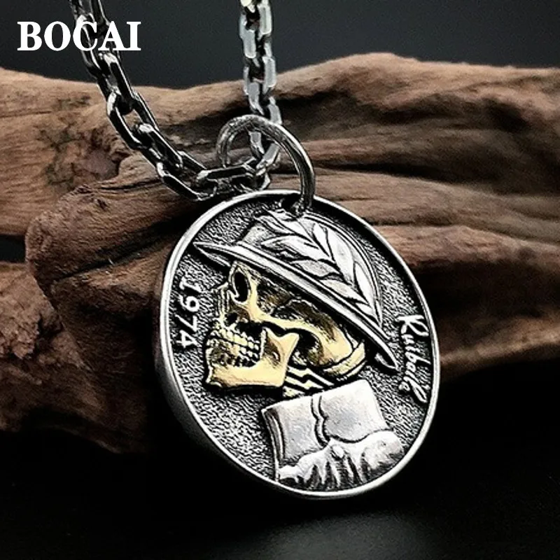 

BOCAI New Real S925 Silver Jewelry Thai Retro Street Trendy Hip-Hop Skull Head Round Coin Pendant for Man