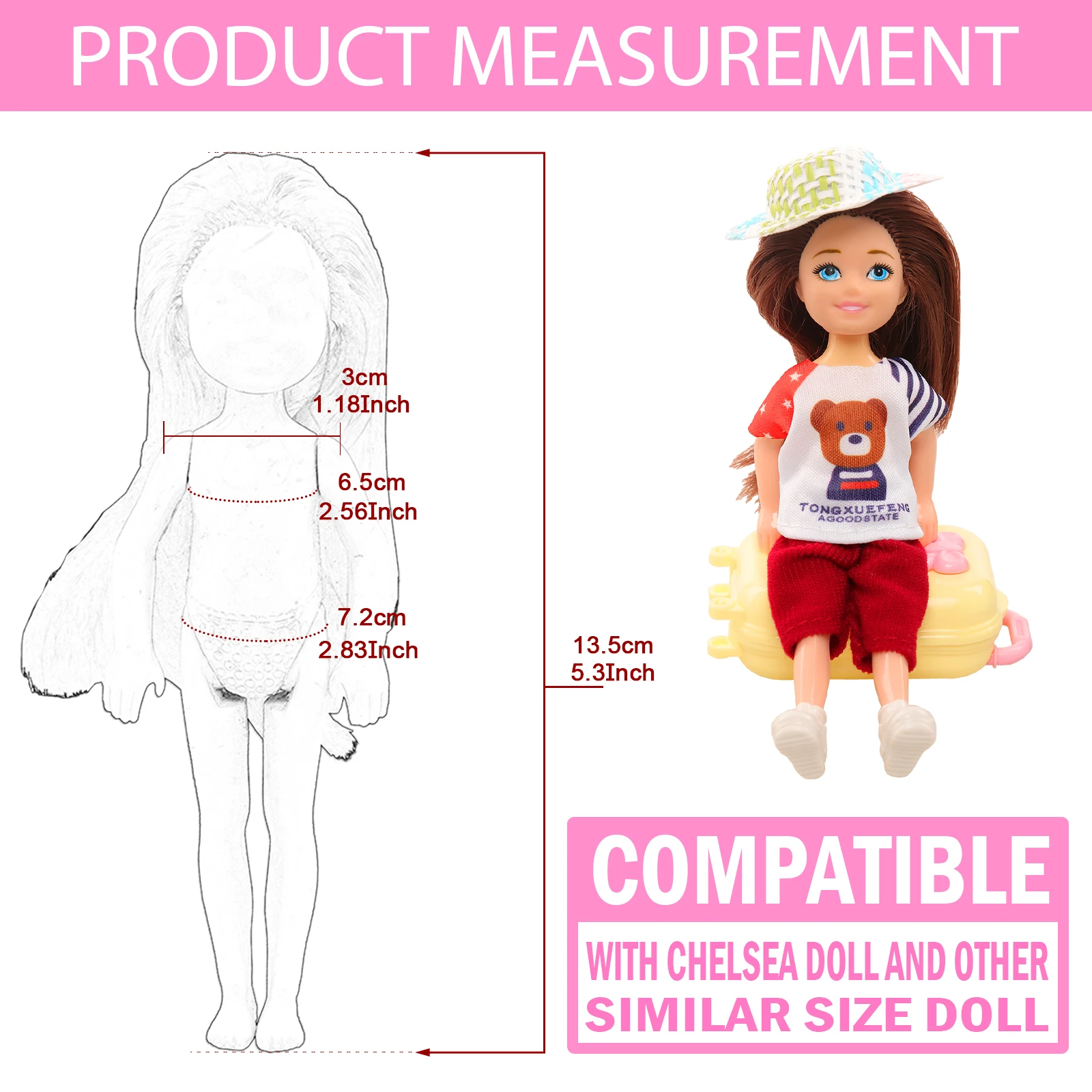 23 Pcs 5.4 Inch Doll For Barbie Chelsea Doll Clothes and Accessories=1 Luggage 3 Dress 3 Tops and Pants 2 Hats 10 Hanger+4 Shoes