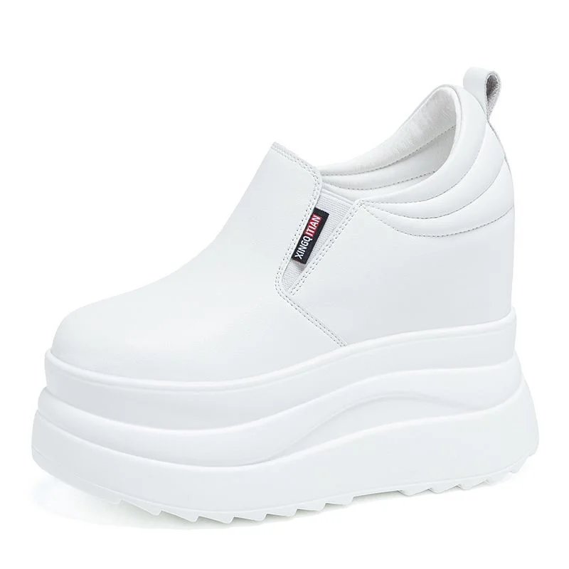 

12cm Women Breathable Platform Hidden Heels Shoes Cow Genuine Leather Synthetic Slip-On Fashion Spring Autumn Chunky Sneaker