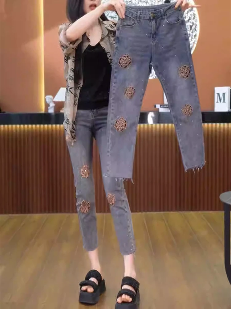 Women's slimming heavy industry diamond studded straight leg jeans spring new retro embroidered cigarette tube pants