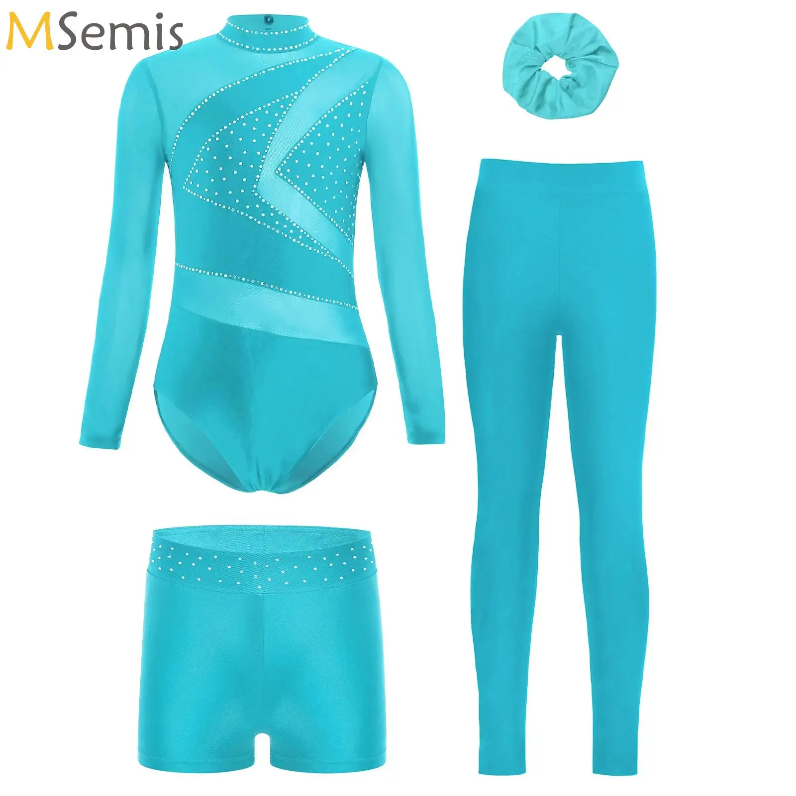 

Kids Girls Ballet Gymnastics Set Sports Figure Skating Outfits Child Long Sleeve Leotard with Shorts Leggings Hairband Suit