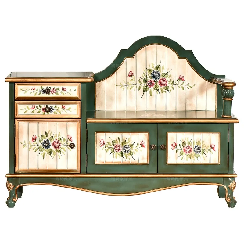American rural hand-painted household practical shoe changing stool sitting storage cabinet