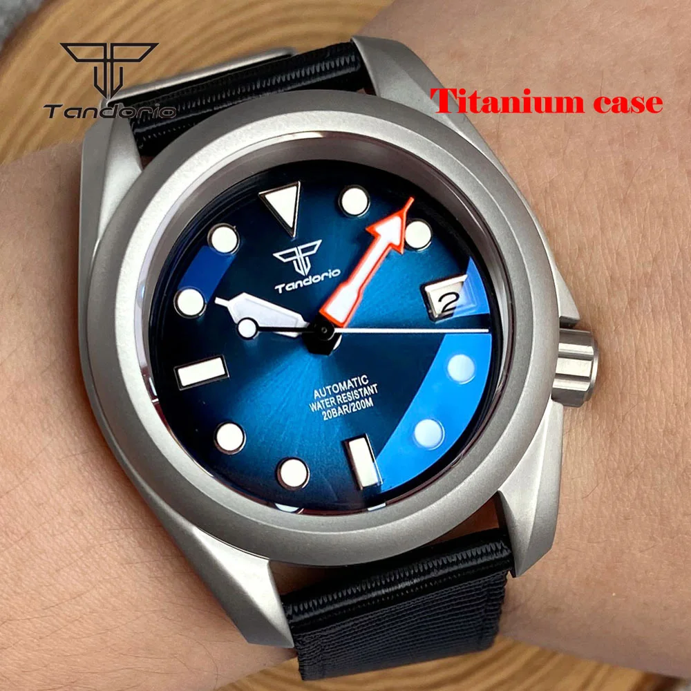 Tandorio Titanium Automatic Mechanical NH35 Men\'s Watch Date Sapphire 3.8 Crown Light Weight Dive Wristwatch Luminous 20BAR MOP